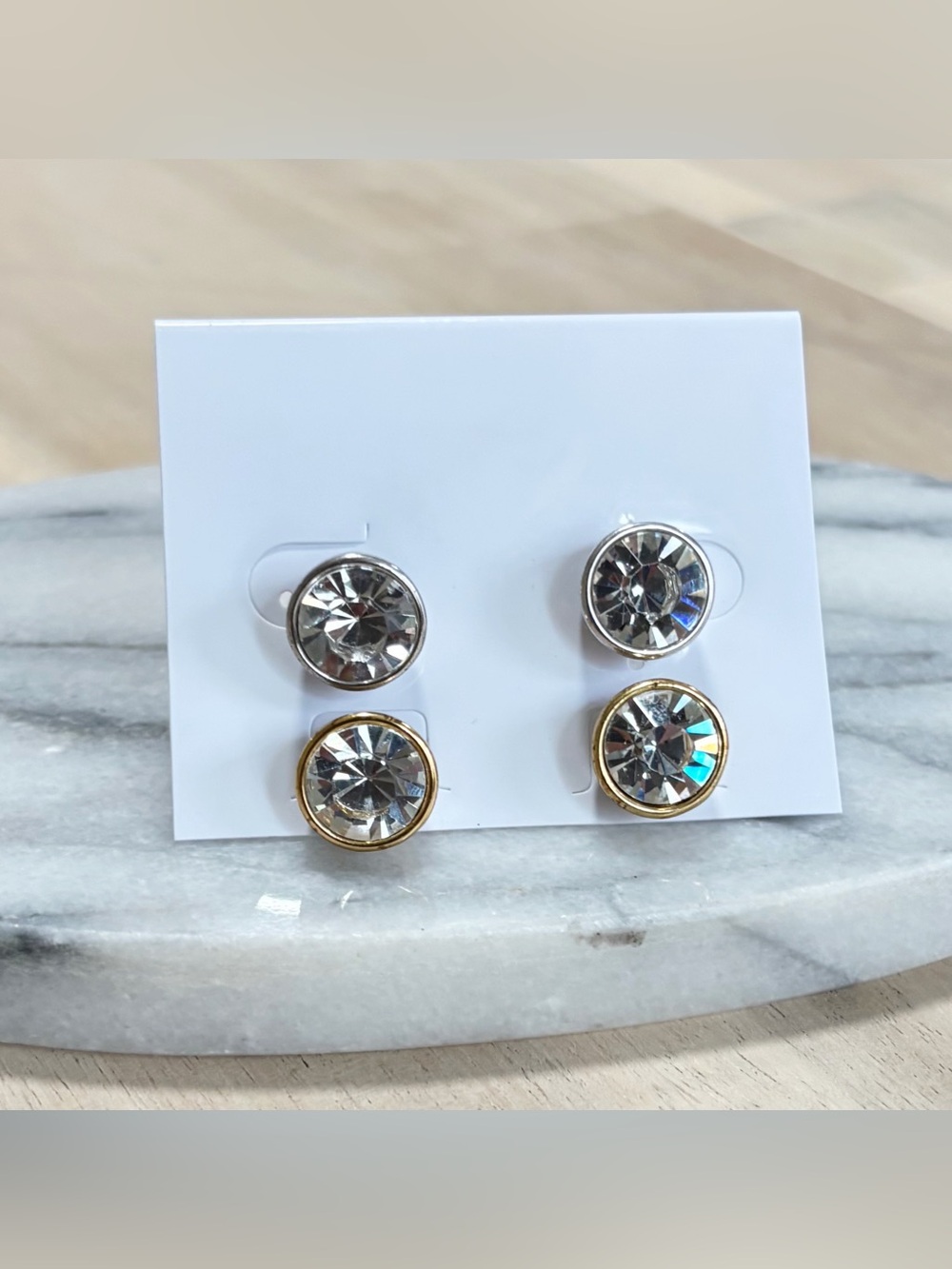 2 Pair Round Gold & Silver Tone Princess Rhinestone Stud Earrings